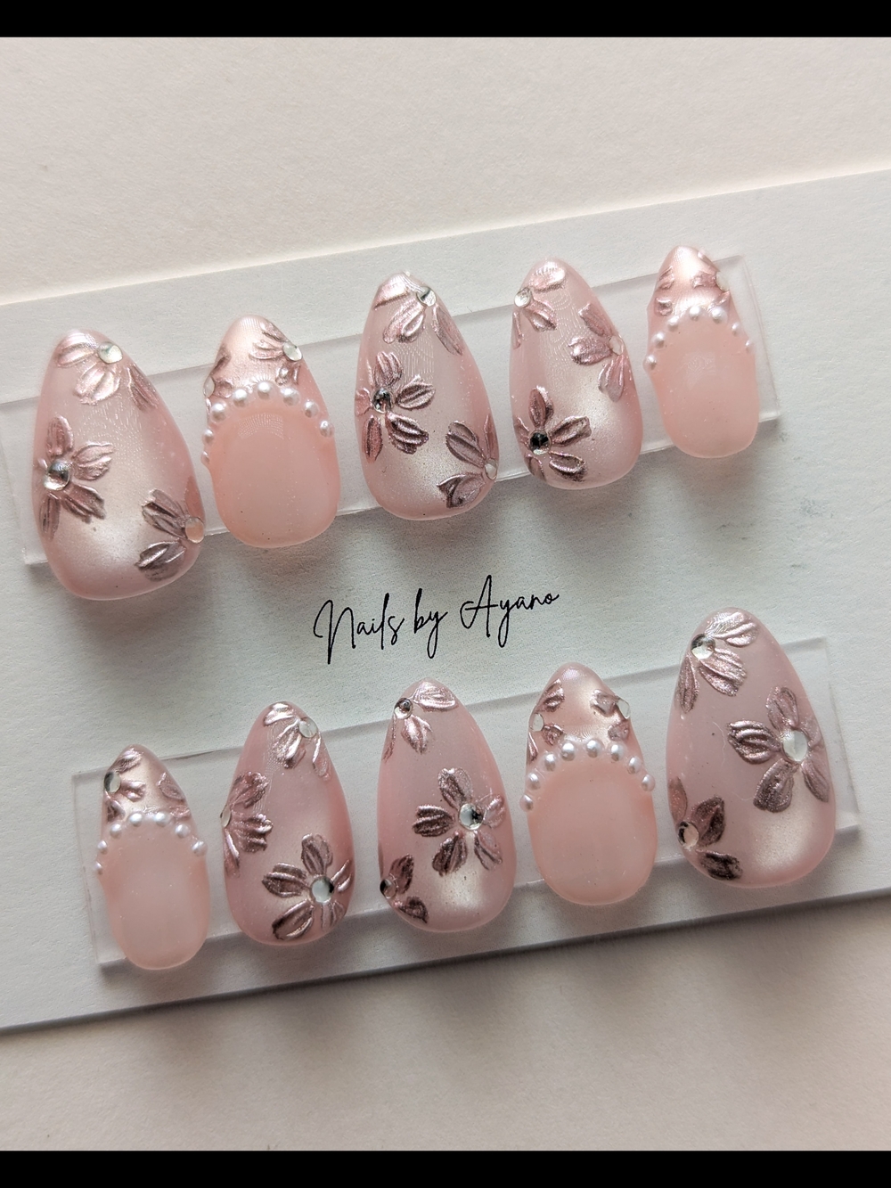 Elegant Pink Floral Press-On Nails with Pearl Accents